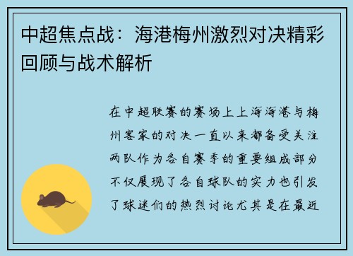 中超焦点战:海港梅州激烈对决精彩回顾与战术解析 中超焦点战:海港梅州激烈对决精彩回顾与战术解析